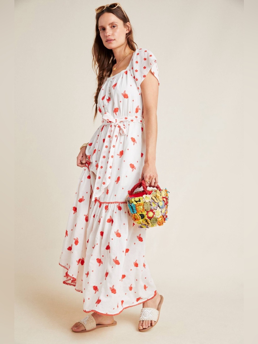 Anthropologie White Maxi Dress with Coral Floral Print